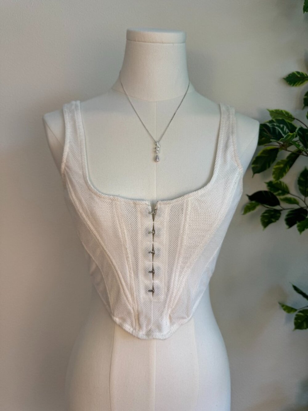 White Mesh Corset Crop Top Hook Front Zip Back Boned Sheer